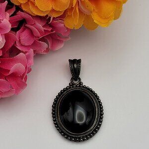 Vintage 925  Sterling Silver Black Onyx Pendant 1.75" Vtg. Signed HAN Thailand